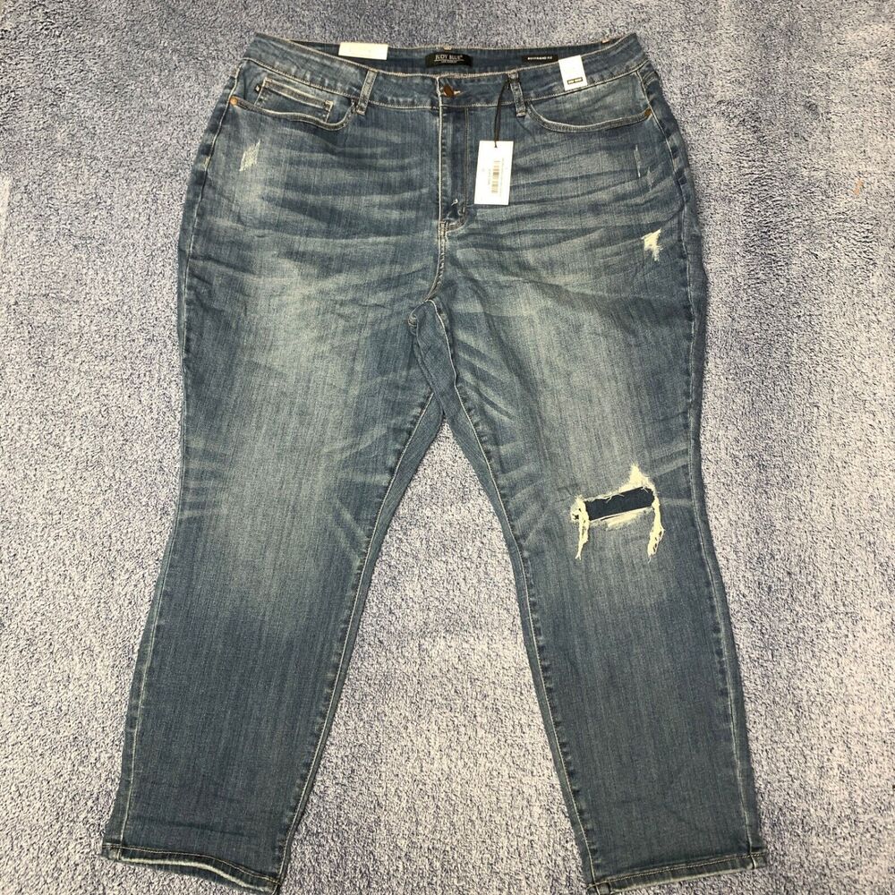 Judy Blue Jeans Womens 24W Plus Blue Boyfriend Fit Distressed Patched Stretch